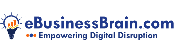E-Business Brain logo with digital growth icons and tagline.