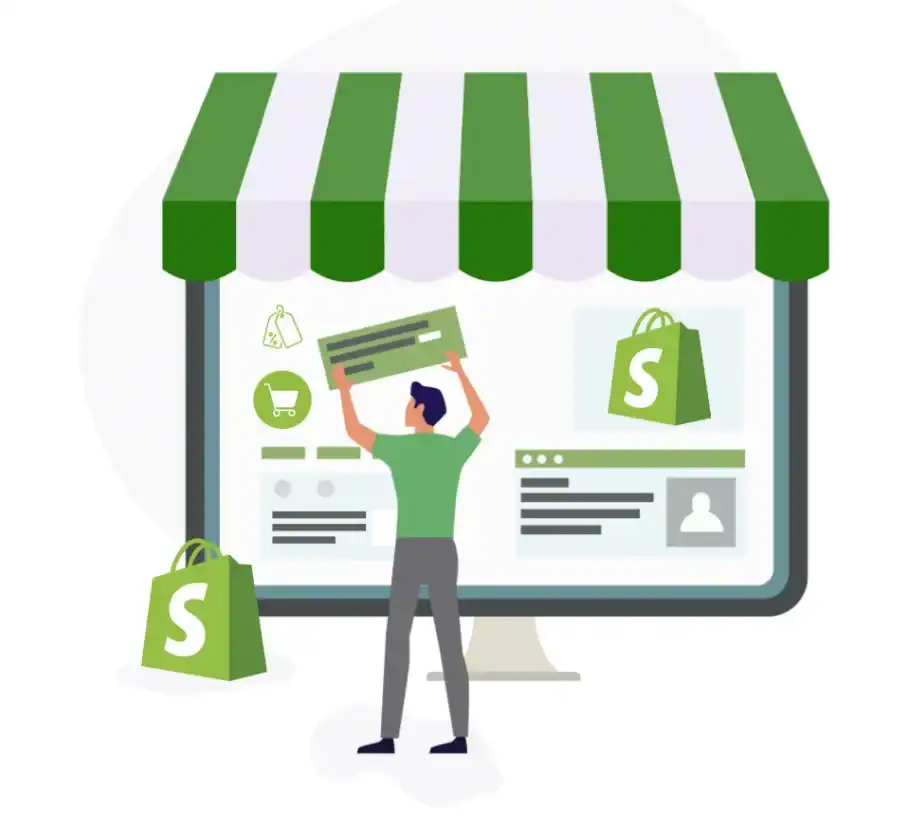 ECommerce website design with shopping cart and Shopify icons.