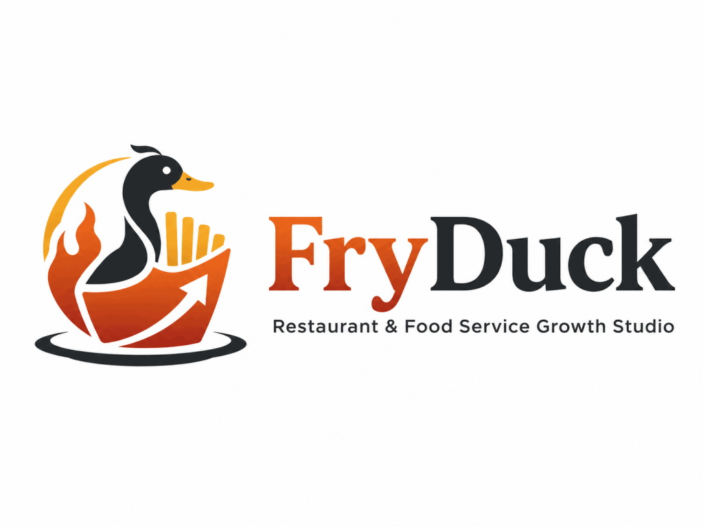 Restaurant & Food Service 1 Fry Duck logo with duck and fries, restaurant and food service growth studio.