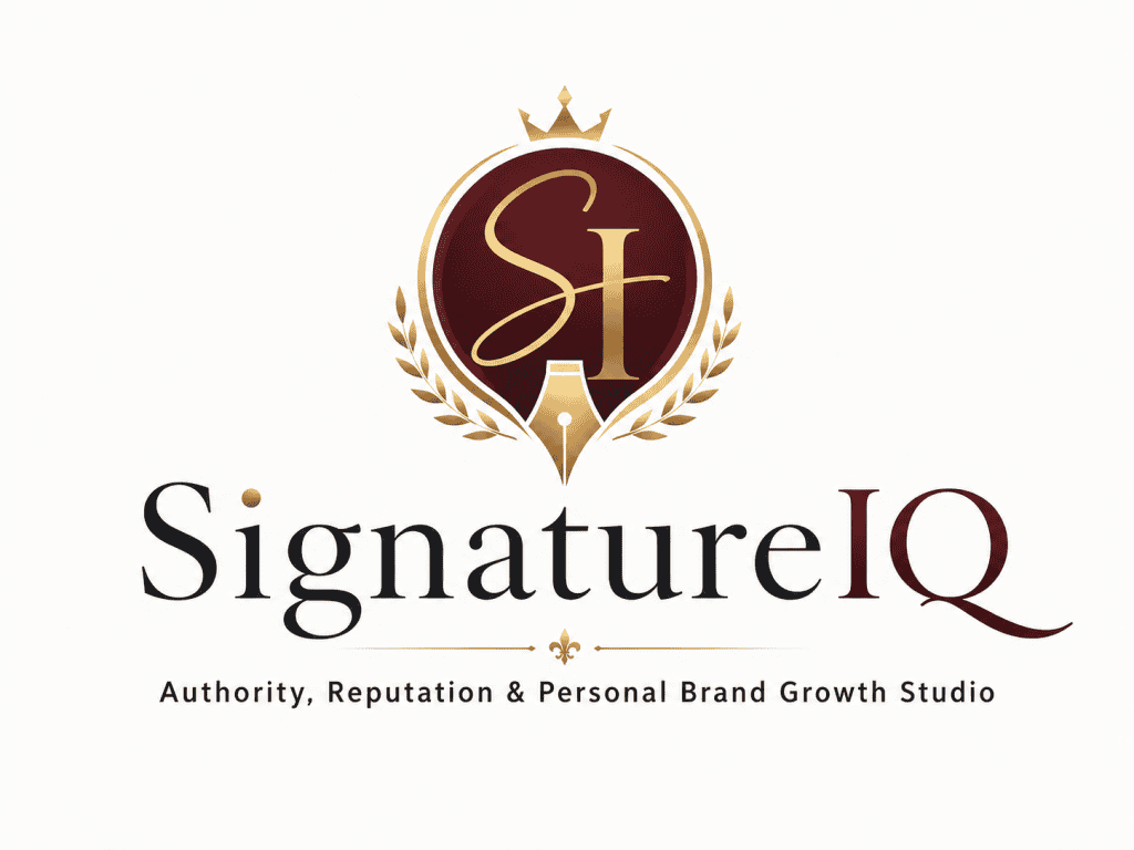 SignatureIQ Authority & Personal Brand Growth Studio 1 SignatureIQ logo with crown and laurel for authority and branding.