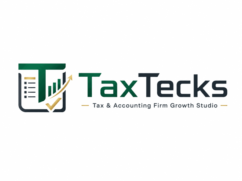 TaxTecks logo with growth chart and checkmark for SEO.