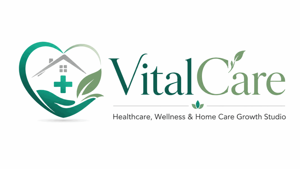 VitalCare Healthcare, Home Care & Wellness Growth Studio 1 VitalCare logo with house, leaf, and medical cross for healthcare services.