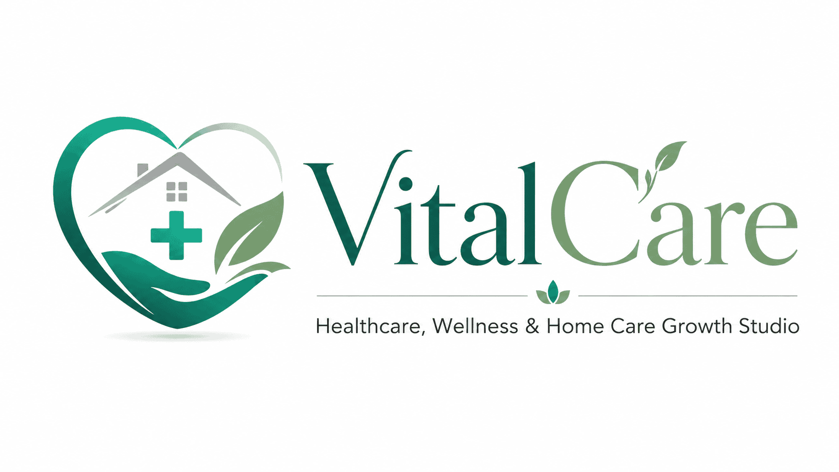 VitalCare logo with house, leaf, and medical cross for healthcare services.